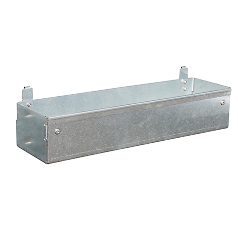 A rectangular metal cable duct, made of shiny, silver-colored metal, with brackets on the sides.