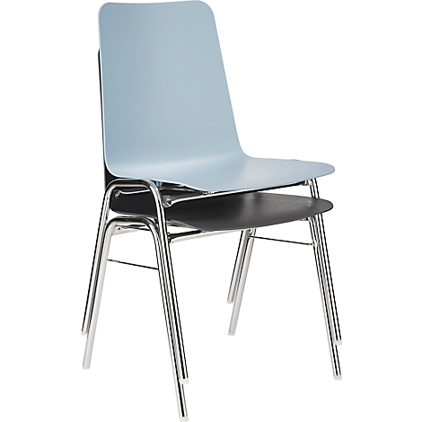 Two stacked chairs, one light blue, the other black. Chrome-colored legs.