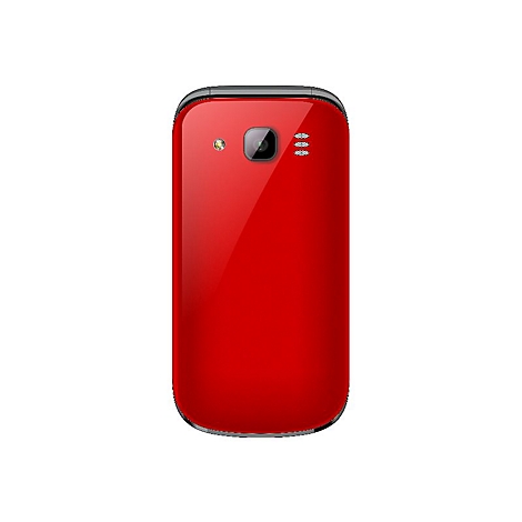RÃ¼ckseite eines roten Smartphones. Auf der Oberseite befinden sich Kamera, Blitz und Lautsprecher.