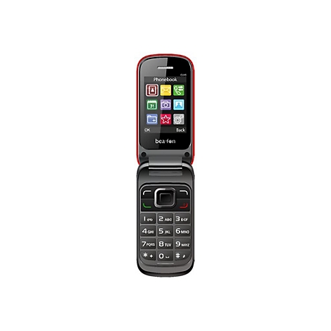 Klapphandy in Rot und Grau, halb geÃ¶ffnet mit Display. Tastenlayout und Bildschirm-Symbole sichtbar.