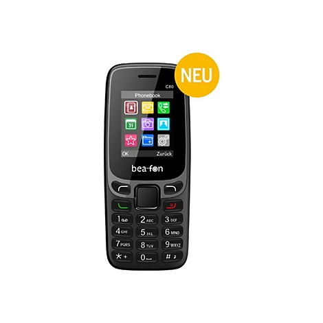 Ein schwarzes Mobiltelefon mit Tasten und einem Bildschirm mit Icons. Oben rechts ein gelber Kreis mit "NEU".