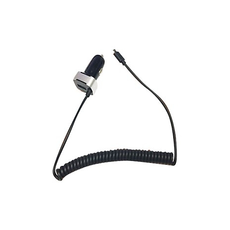 Schwarzes KFZ-Ladegerät für den Zigarettenanzünder mit spiralförmigem Micro-USB-Kabel vor weißem Hintergrund.