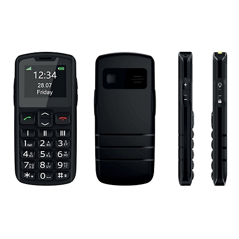 Schwarzes Mobiltelefon mit großen Tasten und Display. Uhrzeit: 12:34, Datum: 28.07, Freitag. Ansichten: Vorder-, Rück-, Seitenansicht.