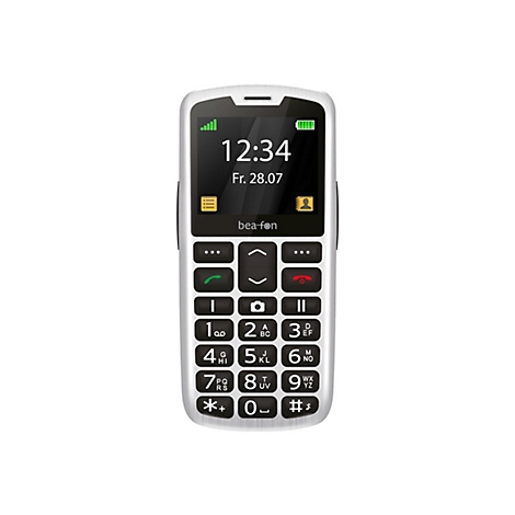 Ein weiÃŸes Handy mit groÃŸen Tasten, Display zeigt Uhrzeit und Datum.