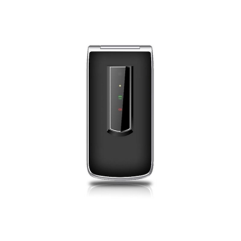 Ein graues Klapphandy vor weißem Hintergrund. Der Bildschirm zeigt drei farbige Lichter.