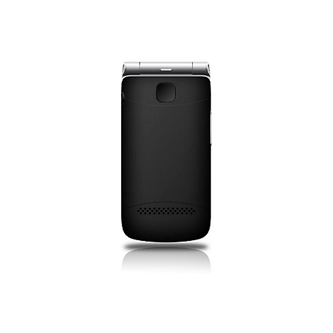 Schwarzes Klapphandy, Rückseite mit Kamera und Lautsprecheröffnungen. Spiegelung.