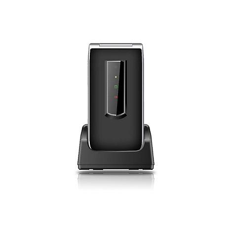 Schwarzes Telefon mit Ladeschale, silberner Rand, grünes und rotes Licht.