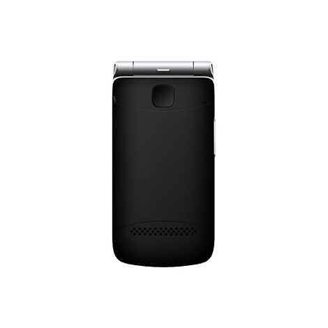 Schwarzes Klapphandy, Rückseite mit Kamera, Lautsprecherlöchern und silberfarbenem Scharnier.