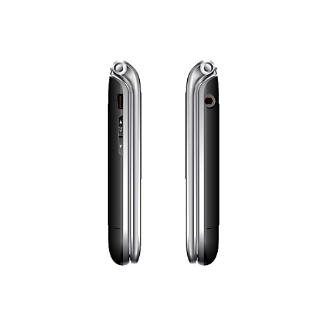 Zwei Seitenansichten eines schwarzen Mobiltelefons mit silbernen Akzenten.