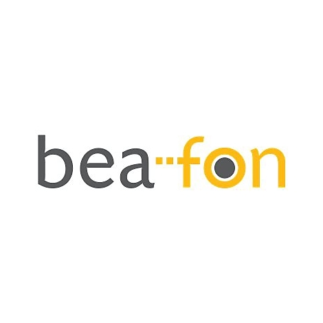 Das Firmenlogo von bea-fon in grauer und gelber Schrift auf weißem Hintergrund.