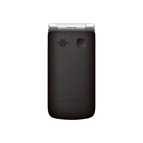 Rückseite eines schwarzen Klapphandys. Oben silberfarbene Scharniere, darunter Lautsprecher, Kamera und Mikrofon.