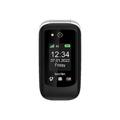 Schwarzes Klapphandy mit Display, Uhrzeit 12:34. Datum: 07.01.2022, Freitag. Marke: bea-fon.