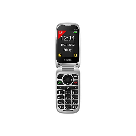 Klapphandy, silber, Display zeigt Uhrzeit, Datum, Tag an. Tasten mit groÃŸen Ziffern.