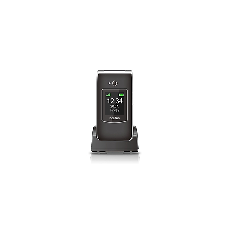 Klapphandy in Ladestation: Schwarzes Telefon mit Display, Uhrzeit und Datum. Logo: bea-fon.