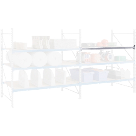 Silver-colored shelf board in a warehouse rack construction, filled with a variety of goods.