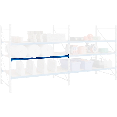 Blue shelf, single support in the middle, shelves with objects.