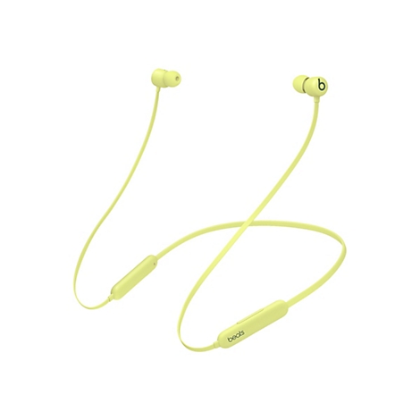 Écouteurs Beats jaune clair sur fond blanc. Les deux écouteurs sont visibles, ainsi que le fil de connexion et le module de commande.