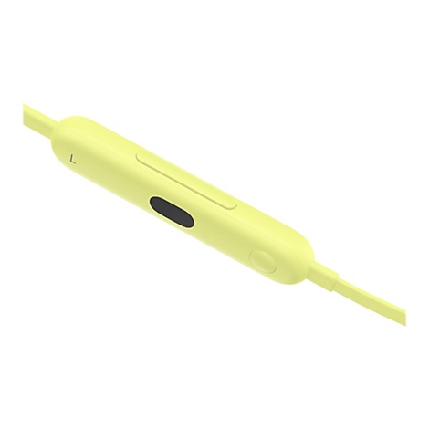 Gros plan sur un module en ligne jaune clair d'écouteurs avec des boutons de commande et la lettre "L".