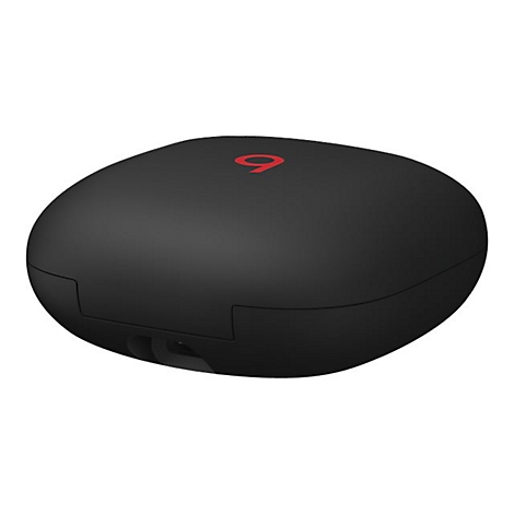 Étui de chargement pour écouteurs noir et ovale avec logo rouge. Bas avec port de charge.