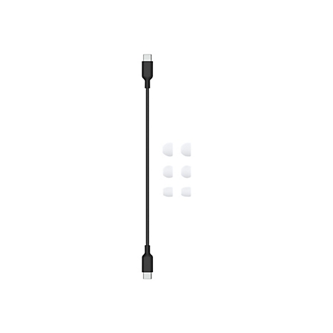 Schwarzes USB-C-Kabel und drei Paar weiÃŸe OhrstÃ¶psel auf weiÃŸem Hintergrund.