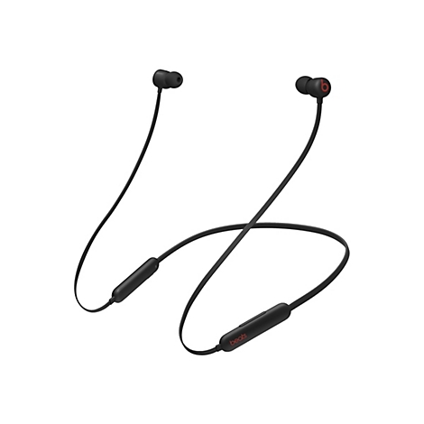 Schwarze kabellose OhrhÃ¶rer mit rotem Beats-Logo, vor weiÃŸem Hintergrund.