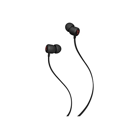 Schwarze In-Ear-KopfhÃ¶rer, rote Akzente, Kabel in sanfter Welle vor weiÃŸem Hintergrund.