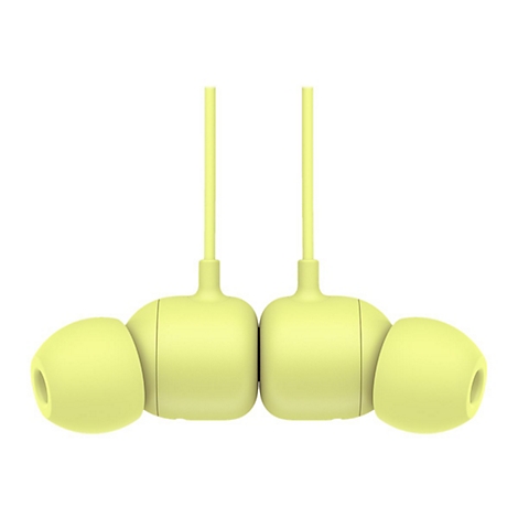 Hellgelbe In-Ear-KopfhÃ¶rer mit Kabel, Nahaufnahme.