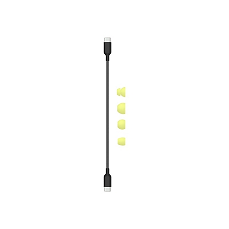 Schwarzes USB-C-Kabel und gelbe OhrstÃ¶psel, vor weiÃŸem Hintergrund.