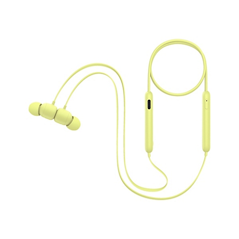 Hellgelbe kabellose OhrhÃ¶rer mit Nackenband. Die OhrhÃ¶rer sind durch ein Kabel miteinander verbunden. Der Hintergrund ist weiÃŸ.