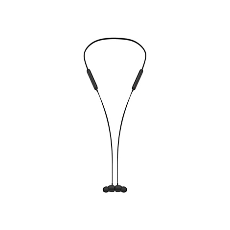 Schwarze In-Ear-Kopfhörer mit Nackenband, vor weißem Hintergrund. Kopfhörer haben eine längliche Form, die Ohrhörer sind rund.