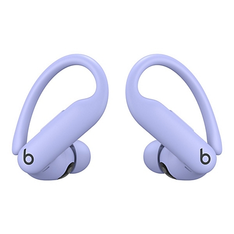 Zwei hellviolette kabellose OhrhÃ¶rer von Beats, Nahaufnahme. Die OhrhÃ¶rer haben einen BÃ¼gel zum UmhÃ¤ngen.