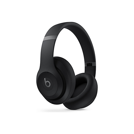 Casque supra-auriculaire noir sur fond blanc. On voit les écouteurs, l'arceau avec un accent métallique et le logo Beats.