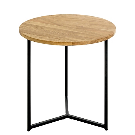 Runder Beistelltisch, Holzplatte auf schwarzem Metallgestell.