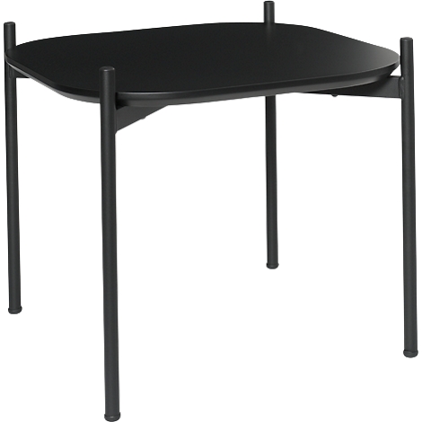Schwarzer quadratischer Tisch mit abgerundeten Ecken und schlanken Metallbeinen.