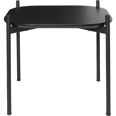 Schwarzer Beistelltisch, quadratische Tischplatte, dünne Beine, minimalistisches Design.