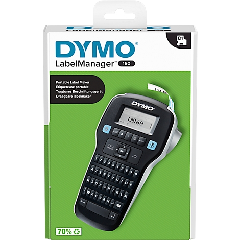 Printer op een verpakking. Tekst DYMO LabelManager 160, display toont LM160, toetsenbord met letters en cijfers.