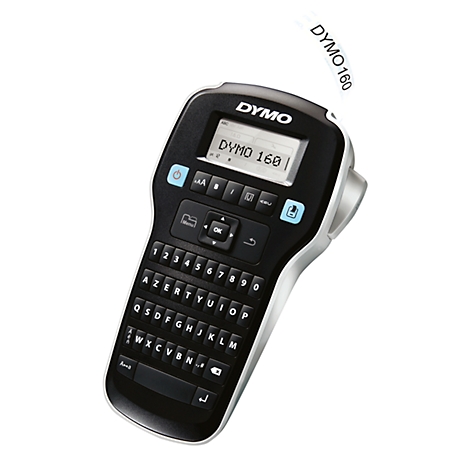 Zwart DYMO labelmaker met toetsenbord, display en gelabeld label.
