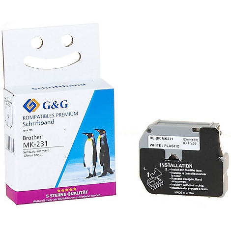 Etikettenset, een grijze cassette en een doos met pinguïns en opschriften zoals "G&G" en "MK-231".