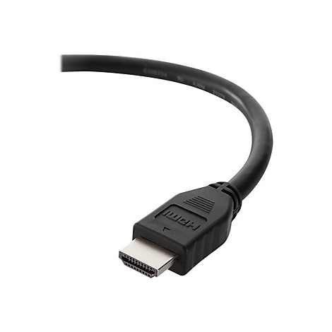 Câble HDMI noir avec connecteur, les contacts sont argentés.