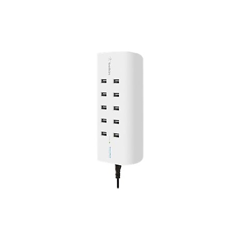 Weißes USB-Ladegerät mit 10 Anschlüssen, schwarzem Kabel und Belkin-Logo.