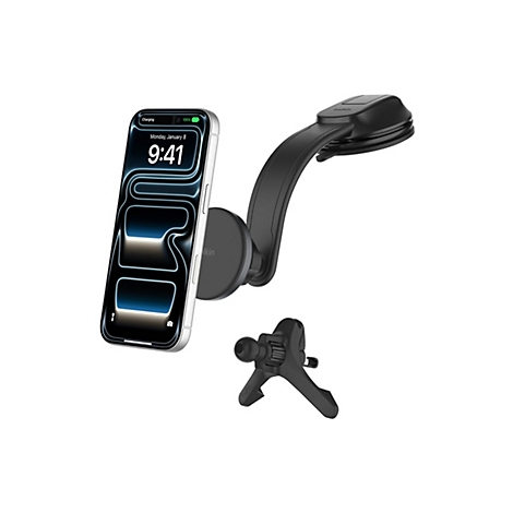 Support de smartphone avec smartphone et fixation à ventouse, le téléphone affiche l'heure 9h41.