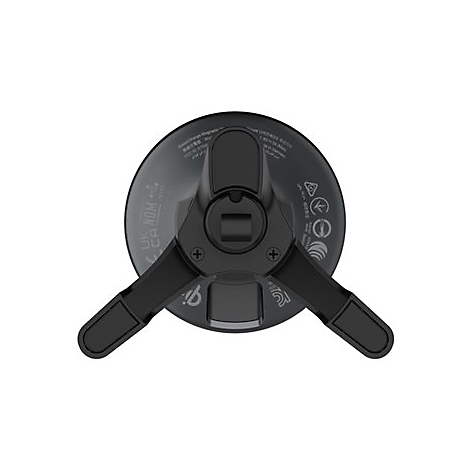 Vue de dessus d'un chargeur noir avec trois supports pliables, le logo du fabricant et des détails techniques.