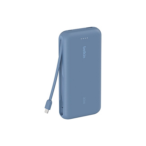 Batterie externe Belkin bleue avec câble USB-C. Haut : logo, en dessous : 30 W.