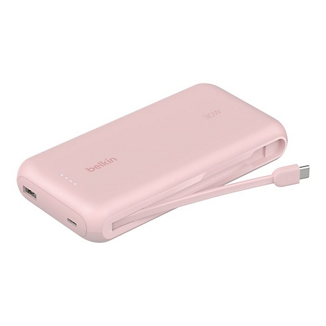Batterie externe Belkin rose clair avec 30W, câble intégré et ports USB.