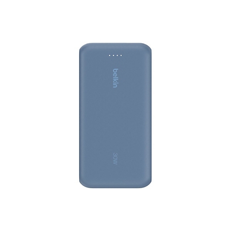 Batterie externe Belkin bleue avec quatre points, logo de l'entreprise et inscription 30W.