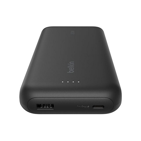 Batterie externe noire avec logo Belkin et trois petites lumières LED.
