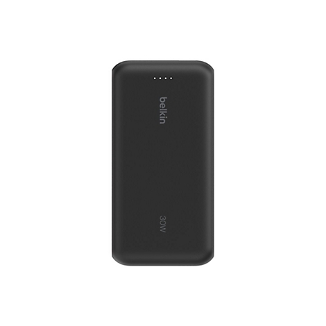 Batterie externe noire avec logo Belkin et impression 30W, quatre petits points en haut.