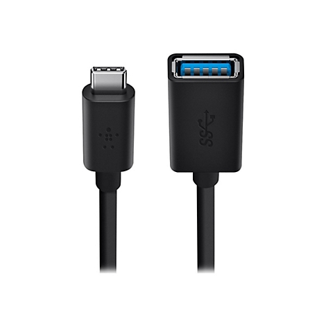 Schwarzes USB-Kabel mit USB-C- und USB-A-Anschluss. Der USB-A-Anschluss hat einen blauen Kern.