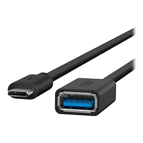 Schwarzes USB-Kabel mit USB-C- und USB-A-Anschluss. USB-A-Anschluss zeigt blaue Kontakte, USB-C hat Metall.