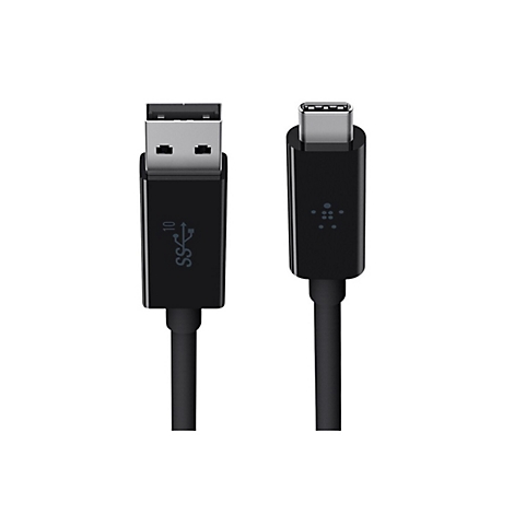 Schwarzes USB-Kabel mit USB-A- und USB-C-Steckern auf weißem Hintergrund.